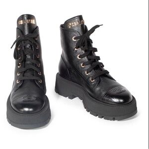 CHANEL Black Leather Moto Boots with Gold logo